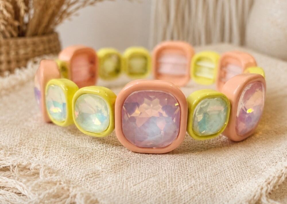 Enamel AB Crush Stone Peach Yellow Stretch Bracelet New